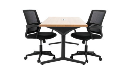Two black office chairs flank a small table; perspective is head-on