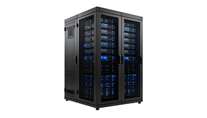 A full server rack with many stacked electronic components, lit with blue lights