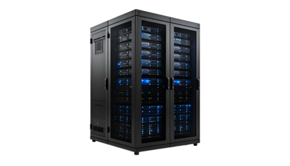 A full server rack with many stacked electronic components, lit with blue lights