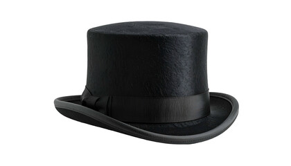 A close-up, isolated view of a tall, black top hat with ribbon detail and a dark background