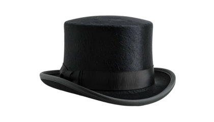 A close-up, isolated view of a tall, black top hat with ribbon detail and a dark background