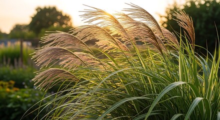 Ornamental Grass in Golden Light - A Serene Garden Scene.