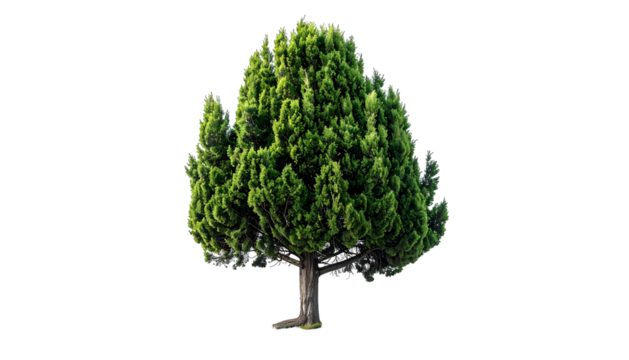 Isolated medium-sized evergreen tree with lush green foliage on a transparent black background - Powered by Adobe