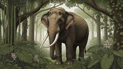 Fototapeta premium A majestic elephant standing in a lush forest surrounded by trees and greenery