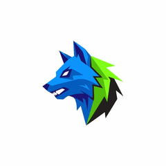 Striking Blue and Green Wolf Head Logo Design.