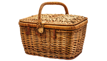 Woven brown picnic basket with handle, lid, and clasps isolated on a transparent background