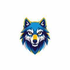 Striking Blue Wolf Head Mascot Logo Design with Yellow Accents.