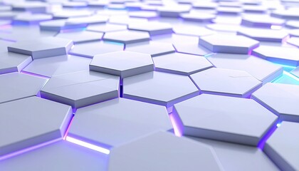 Close-up of white hexagonal tiles with glowing purple and blue highlights