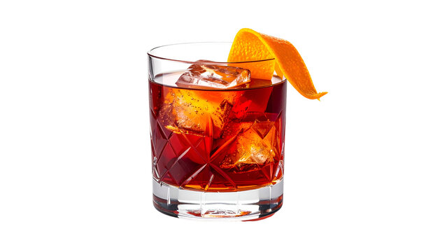 A classic cocktail with ice cubes, orange peel garnish, in a cut-glass tumbler