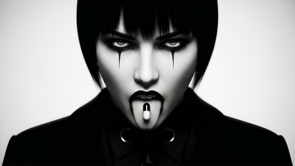 Black and White Gothic Woman Portrait with Capsule Pill on Tongue