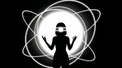Futuristic Female Silhouette With Glowing Atomic Rings Background