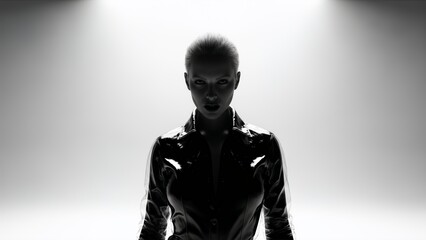 Dramatic Black And White Portrait Woman In Glossy Latex Suit