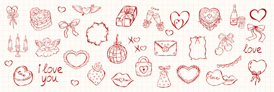 Whimsical coquette Set of doodle elements for Valentines day, wedding invitation, birthday card. Romantic vector cupid, heart, bow, sweet for packaging, postcard, sticker, scrapbooking, textile print.