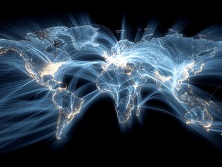 Illuminated world map highlighting global connections with glowing light trails on black background