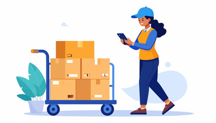 Delivery person with trolley of packages checking inventory on tablet, logistics and shipping concept