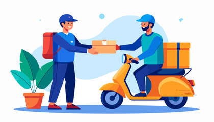 Delivery service illustration showing a courier handing a package to a customer on a scooter