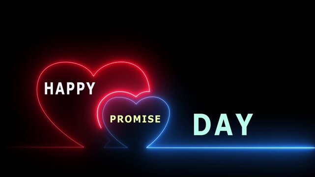 Promise Day neon text animation with glowing heart icons on dark background for Valentine celebration and relationship commitment concept.