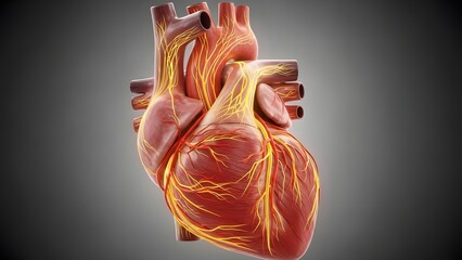 Anatomical illustration of the human heart showing the electrical conduction system