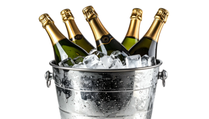 Five champagne bottles in an ice bucket, glistening, celebratory and refreshing