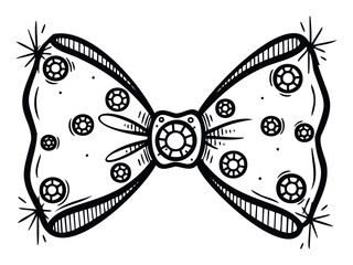 A quirky handdrawn bow tie accessory adorned with stylized gear and cogwheel elements, perfect for unique fashion graphics, costume prints, or creative event invitations.