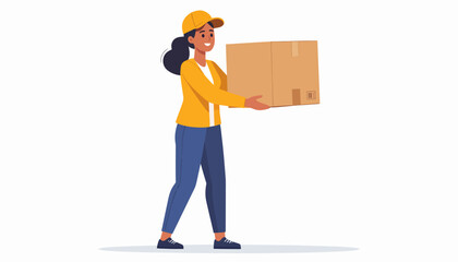 Delivery woman holding a cardboard box, illustration of parcel delivery service