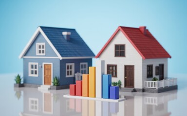 Houses on a reflective surface with rising graph bars in front, showcasing property values and market trends.