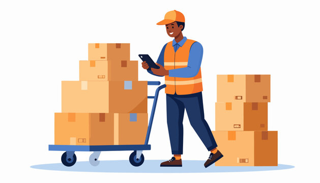 Delivery man with cart and packages, ready for shipment and logistics operations in a warehouse environment, modern e-commerce and parcel service concept illustration