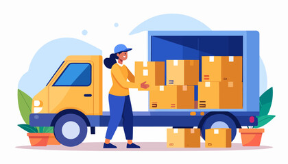 Delivery service worker loading boxes into a truck, logistics and shipping concept illustration