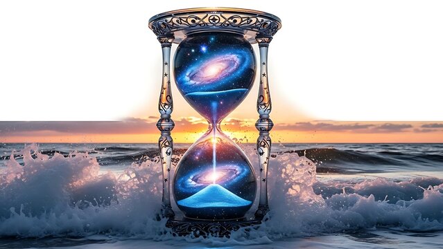 Time passing through an hourglass on the ocean shore at sunset - Powered by Adobe