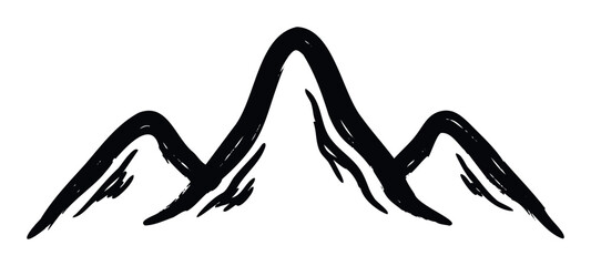 Hand drawn brush stroke mountain range silhouette representing adventure and nature for outdoor brand logos, travel agency promotions, and wilderness exploration themes
