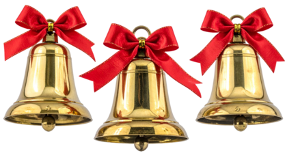 Three golden bells with red bows, against a black background. Festive holiday imagery