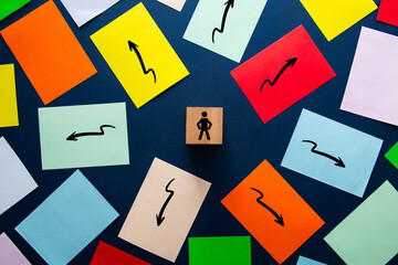 Person icon choosing direction among multiple arrow options