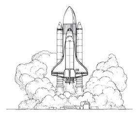 Powerful Space Shuttle rocket launching from a pad with billowing smoke, great for educational materials, aerospace projects, and inspiring visuals of scientific achievement
