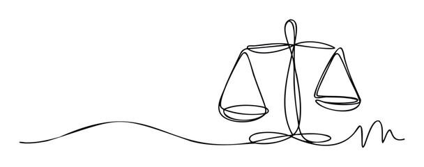 Elegant continuous line drawing depicting a symbolic balance scale representing justice, law, and equilibrium, ideal for legal firm branding, financial infographics, or abstract conceptual