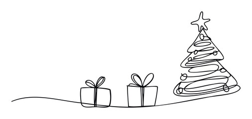 Minimalist continuous line drawing of a festive Christmas tree and two present boxes, perfect for holiday greetings, party invitations, or winter season event promotion materials