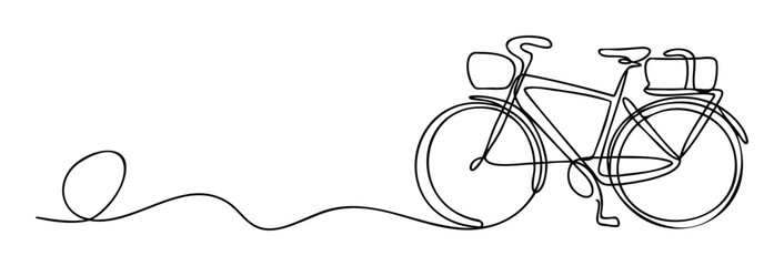 Elegant unbroken line artwork depicting a stylish bicycle complete with a front storage basket and rear luggage rack perfect for advertising sustainable travel, urban mobility, or