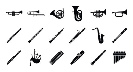 Collection of diverse black silhouette wind musical instruments including brass and woodwind for music education resources posters or icon sets