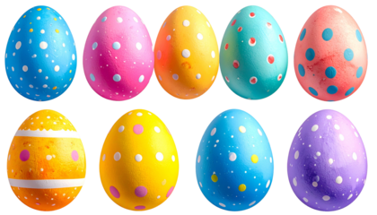 Ten vibrant Easter eggs, each with unique speckled or striped patterns
