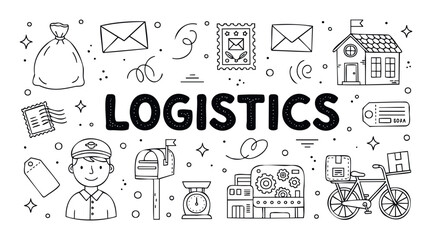 Comprehensive hand drawn black and white logistics and postal service concept elements suitable for illustrating shipping processes and global supply chain solutions.
