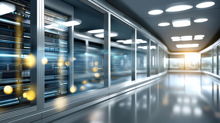 Futuristic data center interior with server infrastructure, bright lighting illumination, technological advancement showcase, modern data storage facility, computing power visualization,