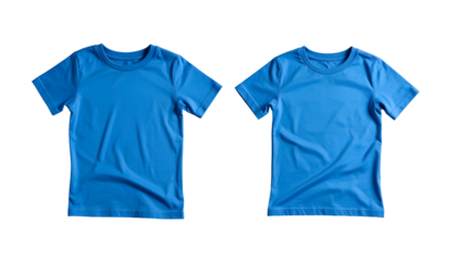 Two plain, short-sleeved blue t-shirts, one slightly wrinkled, isolated on black