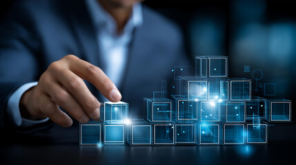 Innovative faceless developer assembling digital building blocks, futuristic tech structure construction, glowing circuit pattern design, modern technology company success, creative