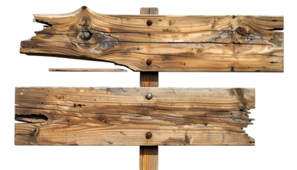 Rustic two-plank wooden signpost, weathered and aged, with nail fastenings