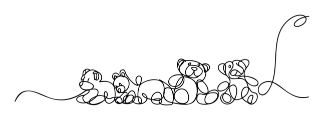 Charming continuous line drawing of multiple teddy bears of different sizes arranged together perfect for baby shower invitations childrens books and toy store branding