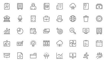 Office And Business icon set. Business and Finance web icons in line style. Money, bank, contact.Thin outline icons pack. Vector illustration