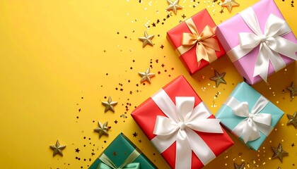 Obraz premium Vibrant Birthday and Holiday Gift Composition with Star Confetti