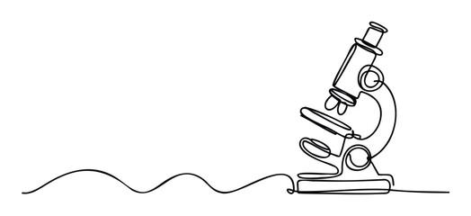 Minimalist continuous line drawing of a laboratory microscope for science education materials medical research presentations and biology study resources