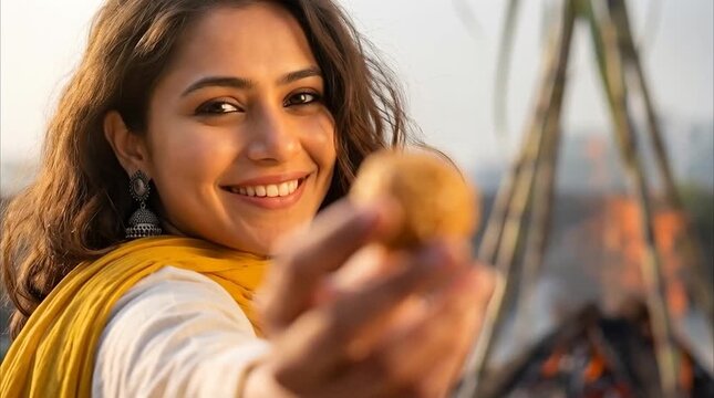 Indian Woman Offering Traditional Laddu During Uttarayan Makar Sankranti Celebration on Rooftop for Festive Advertising Cultural Branding and Seasonal Campaign Use