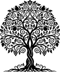 Black Vector Stylized Tree of Life Symbol with Roots and Fruits