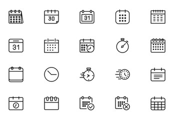 Calendar and Time Icon Set. Flat Vector Calendar Symbols and Clocks. Thin outline icons pack. Vector illustration